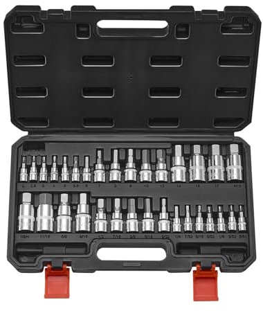 VEVOR Hex Bit Socket Set, 32-Piece, S2 Alloy Steel and Cr-V Steel, Standard SAE and Metric, 1/4 in, 3/8 in, and 1/2 in Drives, with Enhanced Storage Case, Allen Socket Set for Mechanics, Auto Repair