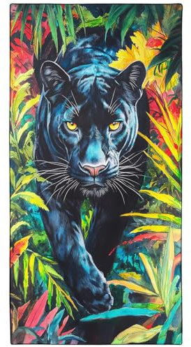YISUMEI Bunter Dschungel - Schwarzer Panther Strandtuch XXL 180x90cm - Schnelltrocknendes Mikrofaserhandtuch mit Tasche, Saugstark Sandfrei - Leichtes Reisehandtuch für Strand, Pool