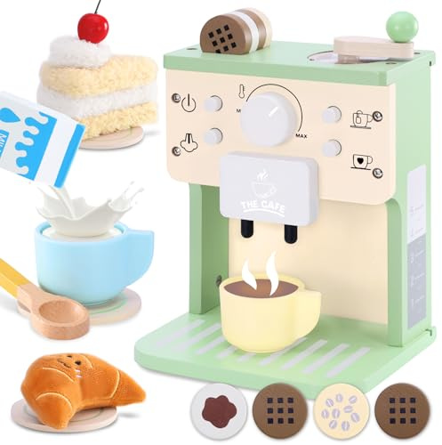VBACALA Kinderküche Set Kaffeemaschine Kinder Holz mit Sound & Tasten,Spielküche Zubehör Teeservice,Kaffeemühle,Stoffkuchen & Croissant,Rollenspielset Geschenk für Jungen und Mädchen ab 3 Jahre