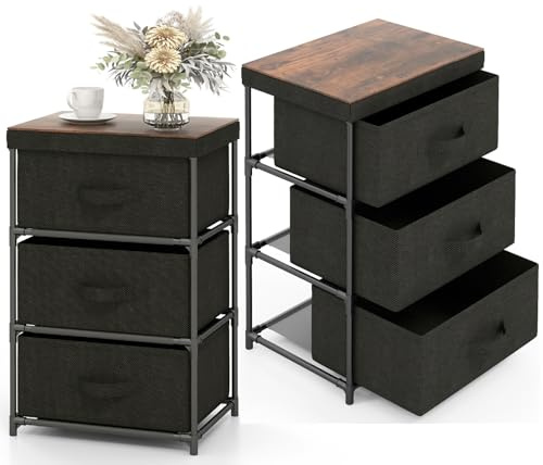 KOMFOTTEU Kommode mit 3 herausnehmbaren & faltbaren Schubladen, Aufbewahrungsmöbel aus Stoff, robuster Metallrahmen, ideal für Schlafzimmer, Wohnzimmer, Büro, Studie (Schwarz, 2 Stück)