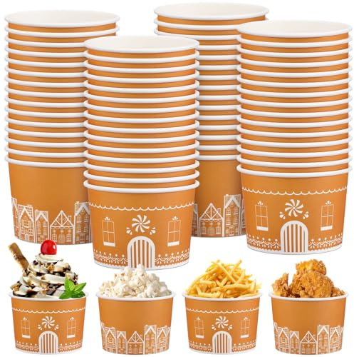 LemonRoad 100 Pcs Christmas Treat Snack Cups 8 oz Gingerbread Paper Bowls Christmas Disposable Snack Bowls Paper Dessert Cups for Xmas Party Supplies Decorations
