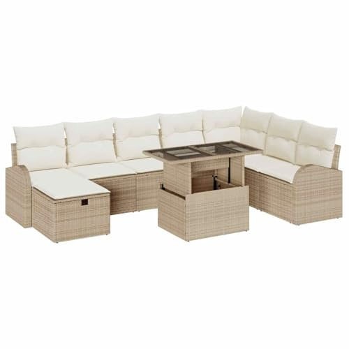 vidaXL Garten-Sofa-Set mit Kissen mit Speicher 9 pcs Beige Poly Rattan, Sofa Set für Garten und Terrasse, leichte, UV-beständige Möbel mit Stauraum, flexibel nach Bedarf