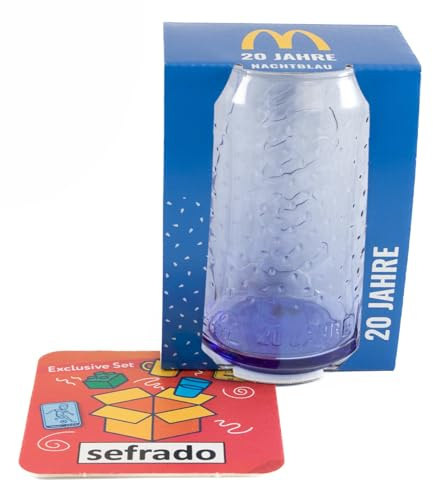 sefrado Bundle 1 x Cola Glas Blau McDonalds 2025-20 Jahre Jubiläums Sammel Gläser kompatibel mit exclusivem Untersetzer