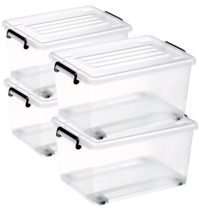 POSH - Set di 4 scatole di plastica con coperchio e ruote, per uso alimentare, 50 litri, impilabili per la casa, clip di chiusura, per organizzazione (50 l)