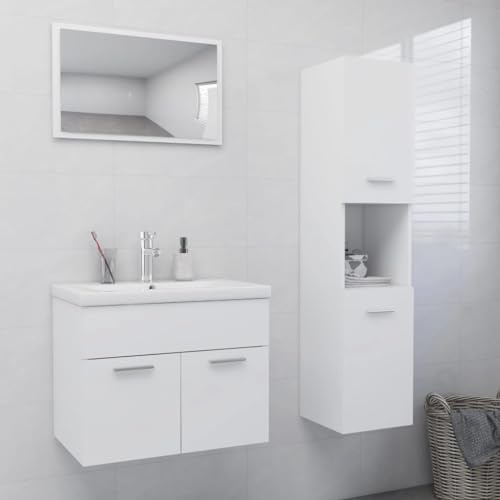 QJBSAVVA Set Mobili da Bagno in Legno Multistrato Bianco con Mobile Lavabo, Mobile Alto, Lavabo Incasso e Specchio - Design Elegante Salvaspazio