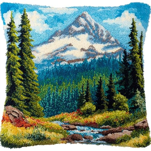 AxiangziK Natürliche Landschaft Knüpfkissen Knüpfen Set Anfänger,Wald Fluss Snow Gebirge,DIY Knüpfhaken-Set Bedrucktes Kissen Häkelgarn Stickerei Handarbeit Stickset,17x17in