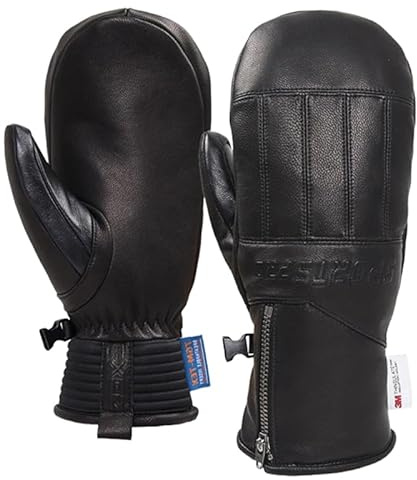 Harssidanzar Winter leather Ski Mittens Goatskin Thermal Waterproof Snowboarding Gloves For Men Women KM065US,Black,Size L