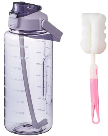 2L Water Bottle with Straw,Clear Leakproof Sports Bottle with Time Markings,Portable Handle Drink Bottles,Heat Resistant Motivational Jug for Gym Hiking Ensure Drinking Throughout The Day (Purple)