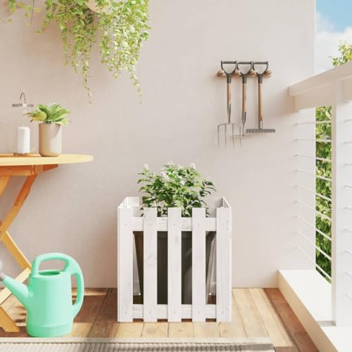 Blumenkübel Groß Blumentöpfe,Pflanzkübel Lattenzaun-Design Weiß 50x50x50cm Massivholz Kiefer,Blumenkästen für Innenhof,Terrasse,Hinterhof