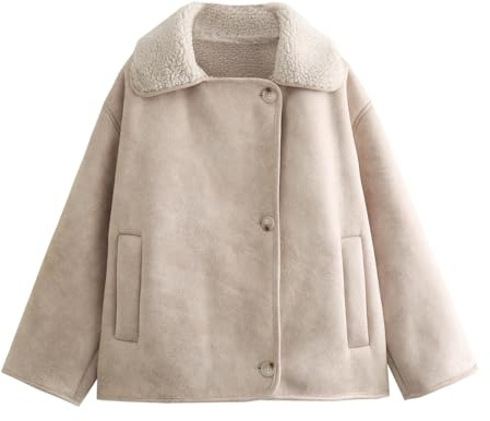 Veste ample en peau lainée for femme - Manteau doublé de fausse fourrure véritable aspect cuir, vêtement d'extérieur chaud d'hiver zippé avec poches, trench confortable(White,M)