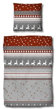Traumschlaf Biber Bettwäsche Winterland rot – warme & kuschelige Winterbettwäsche – 100% Baumwolle – flauschig & hautsympathisch – Wintermotiv mit Hirschen & Schneeflocken – 135x200 cm + 80x80 cm