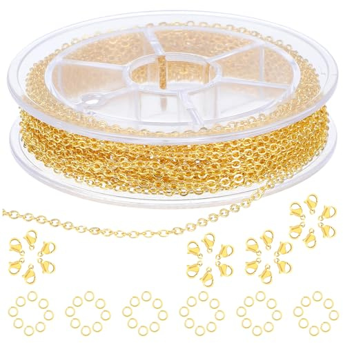 YBEATY 16.4ft Stainless Steel Gold Plated Chain, 1.5mm Flat Cable Link Spool Findings Roll with 20pcs Lobster Clasps 50pcs Jump Rings for Bracelet Keychain Pendant DIY Craft Jewelry Making Supplies