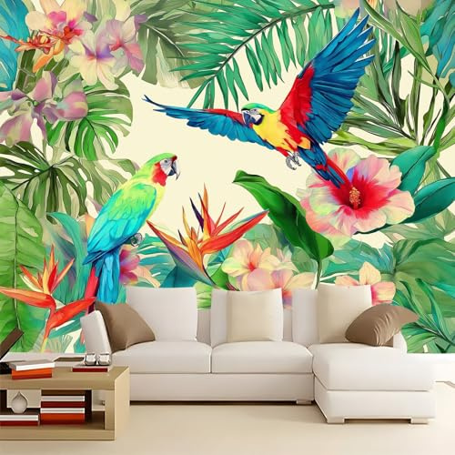 Colore Muralo - Acquerello Piante Tropicali Fiori Uccelli Carta da parati 3D per cameretta dei bambini in tessuto non tessuto, per ragazze e ragazzi decorazione da parete 400 x 280 cm