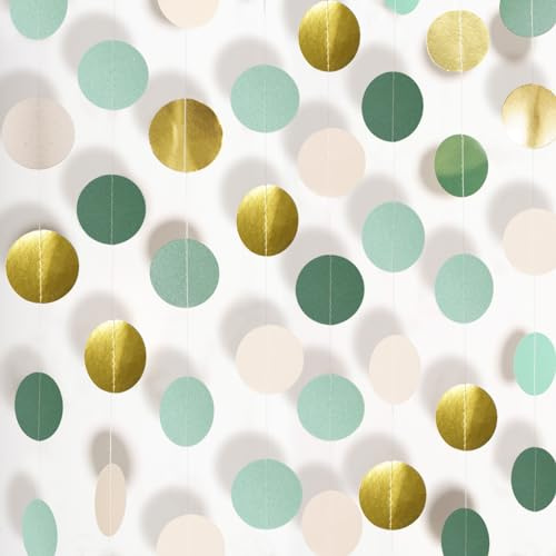 G2PLUS Salbeigrün Gold Beige Girlande: 16M Reflektierend Runde Girlande | 4 Stücke Kreise Hängende Papiergirlande für Jugendweihe, Hochzeit, Geburtstag, Babyparty, Junggesellinnenabschied
