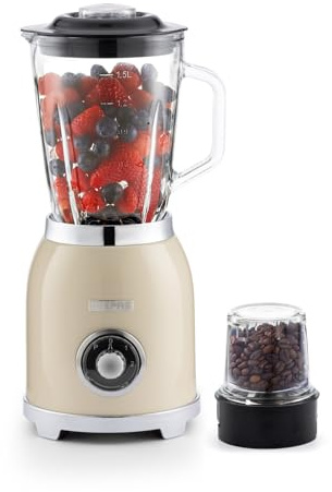 GEEPAS Retrovive 2-in-1 Food Jug Blender | Smoothie Maker with 1.5L Glass Juice Jar & Mini Coffee Spice Grinder Mill | 6 Stainless Steel Ice Crusher Blades | 2 Speed with Pulse Safe Lock | 800W Cream