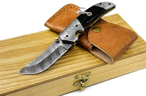 Generico Coltello Artigianale Da Caccia Acciaio Damasco Manico Corno, Coltelli da Collezione, Tascabile, Con Fodero Scatola