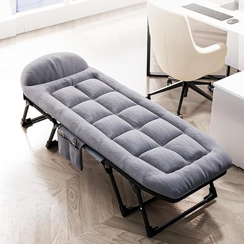 XUANYU Lit Pliant avec Matelas Rembourré, Dossier Réglable, Poche Latérale, Lit Portable pour Jardin, Camping, Bureau et Voyages, Capacité de Charge Jusqu'à 150 kg (Gris C - 180 cm / 5,9 FT)