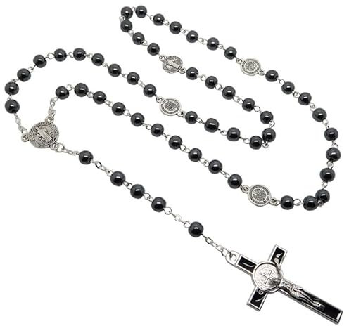 BOBIJOO JEWELRY - Chapelet Catholique Hématite Croix de Saint Benoît Médaille Jésus Protection