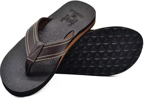KuaiLu Flip Flops Mens Leather Arch Support Flat Summer Wide Fit Beach Sandals Non Slip Cushioned Yoga Foam Pool Shower Thongs