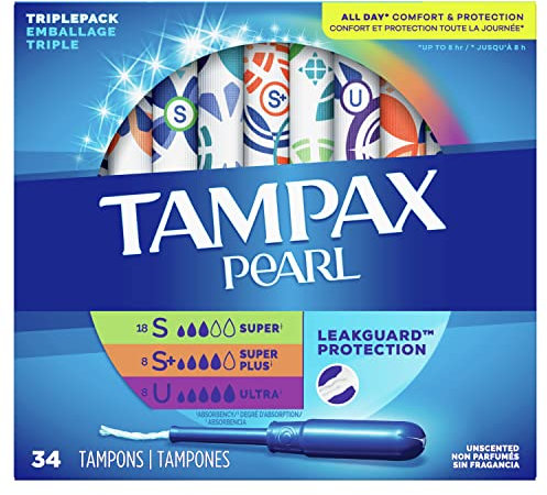 Tampax Pearl Tampons Multipack, mit LeakGuard-Geflecht, Super/Super Plus/Ultra Saugfähigkeit, geruchlos, 34 Stück