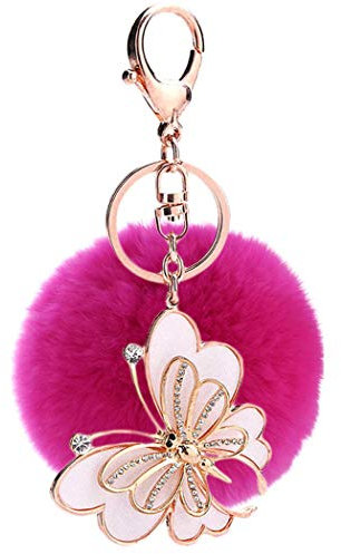 hübsch Schmetterling Plüsch Ball Schlüsselanhänger Taschenanhänger Strass bommel Keychain Elegant Plüsch-Kugel Auto-Anhänger Pompom mit Strass Weich Schlüsselring Handtaschenanhänger (Rosa)
