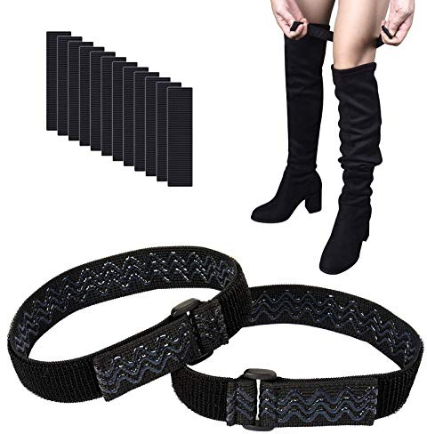 wisdompro Boot Straps, 1 Pair Knee Boot Straps of Elastic Adjustable Belt, Plus Extra 12 Pcs Adhesive Tape Hook Sticker for Fall-off Prevention