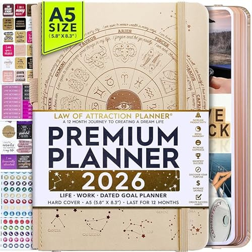 Planeringskalender med attraktionslagen, 2024, lyxig vecko-/månadskalender, en 12 månaders resa för att öka produktiviteten och glädjen, livsorganiserare, tacksamhetsdagbok, presentlåda, klistermärken