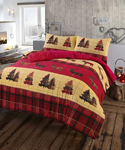 L S U XMAS Stag Tartan Thermal Flannel Duvet Cover Set Brushed Cotton All British Size (Red, King)