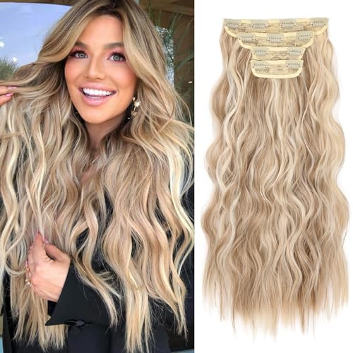 REECHO Hair Extensions, 20 Inch 4PCS Synthetic Fiber Clip in Hair Extensions Natural Soft Hairpieces for Women, Dark Blonde with Highlights