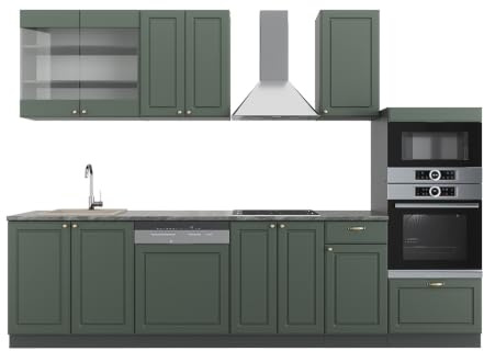 Vicco Küchenzeile Fame-Line, Grün-Gold Landhaus/Anthrazit, 300 cm | 8 Module · Höhenverstellbare Füße · Ohne Arbeitsplatte · MDF-Fronten · Softclose · Metallgriffe