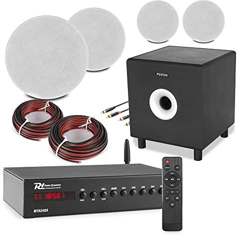 Power Dynamics Smart WiFi Ceiling Speaker System with Bluetooth, 10 Active Subwoofer & Amplifier - Multi Room Wireless Ceiling Speakers for Home (4x FCS6)
