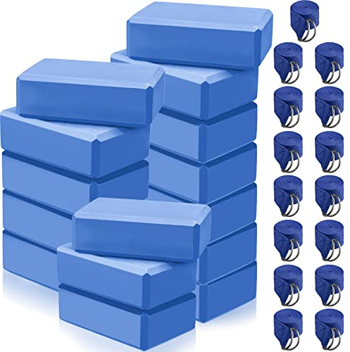 Wettarn 30 Pack Yoga Block and Strap Set 15 Pcs Non-Slip Yoga Blocks with 15 Pcs Metal D Ring Stretching Exercise Workout Fitness Accessory for Gym(Blue)