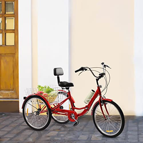 Fetcoi 24 Zoll Erwachsene Faltrad 7 Geschwindigkeit Erwachsenen Dreirad Fahrrad mit Rückenlehne und Einkaufskorb für Erwachsene und Senioren (Rot)