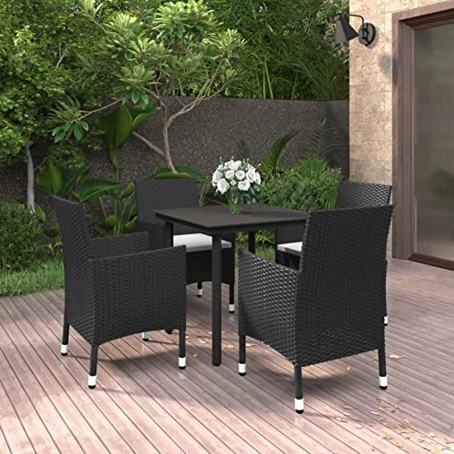 GuyAna 5-TLG. Garten-Essgruppe mit Auflagen Poly Rattan und Glas Gartensessel Wetterfest Essgruppe Outdoor Esstisch Mit 5 StüHlen Garden Furniture