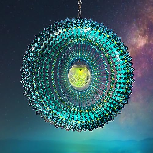FONMY Solar Wind Spinner Mandala Starry Sky 3D Stainless Steel Hanging Wind Spinners Gift Christmas Decoration Indoor/Outdoor Garden Décor Kinetic Yard Art 12 Inches Multi Peacock Blue Wind Sculpture