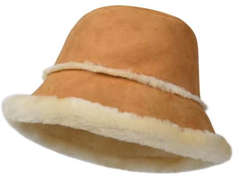Harssidanzar Winter Fischerhüte für Männer und Frauen Lammfell Shearling Leder Warme Hüte Mützen Caps CU608EU, Kamel, Größe M