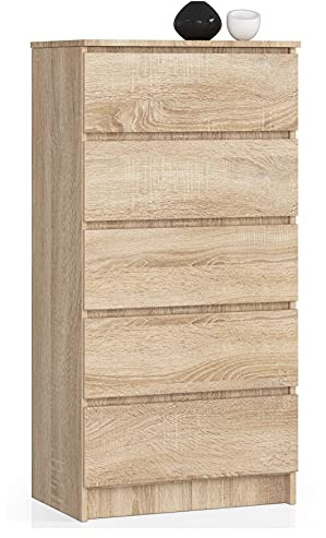 AKORD Kommode K60 mit 5 Schubladen | für das Wohnzimmer Schlafzimmer Schrank Büro Arbeitszimmer | Modernes Funktionales Design | B60 x H121 x T40 cm, Gewicht 39kg | Sonoma Eiche