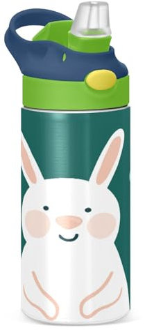 KAAVIYO Hello White Bunny Rabbit Water Bottle Stainless Steel Insulated Vacuum Flask Leak Proof with Straw Brush Cup 350ML for Boys Girls Kids