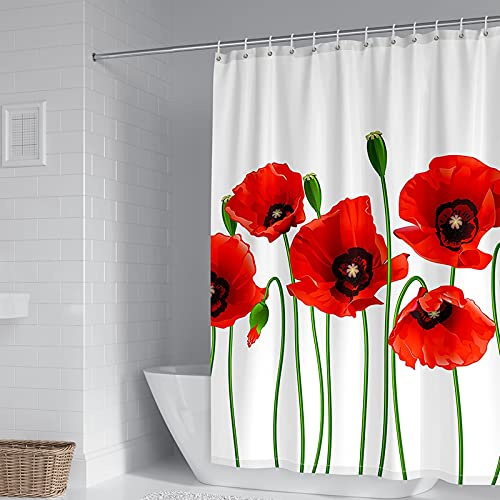 Gualiy Duschvorhang 180x200cm Textil, Duschvorhang Rote Mohnblumen, Duschvorhang aus Polyester, 12 Duschvorhängeringen, Rot Grün Weiß