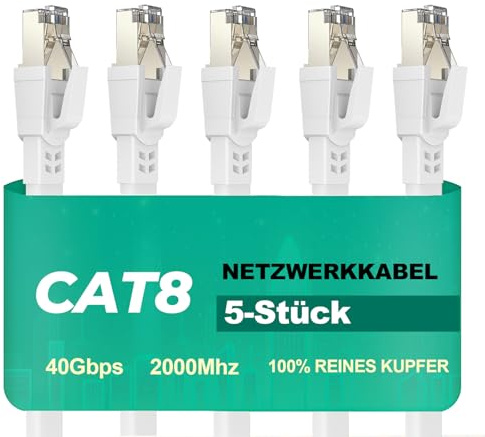 Ercielook Cat8 LAN-Kabel Kurz 0,2m Flach 40 Gbit/s Metall-RJ45, 5 Stück | Netzwerkkabel 0,2m Nettolänge Reinkupfer 2000 MHz, geschirmtes Flachkabel für Patchfeld, Serverraum, Router & Gaming – weiß