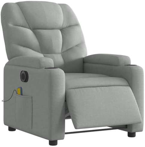 vidaXL Massagesessel, Sessel Elektrisch, Relaxsessel mit Liegefunktion Vibrationsfunktion, Fernsehsessel Liegesessel für Wohnzimmer, Hellgrau Stoff