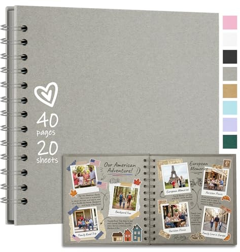 Vienrose DIY Álbum de Recortes 18x18 cm Libro de Recortes de Papel Kraft de Tapa Dura Álbumes de Fotos con 20 Hojas (40 Páginas) en Blanco para Boda Baby Shower Familia Aniversario, Gris Claro