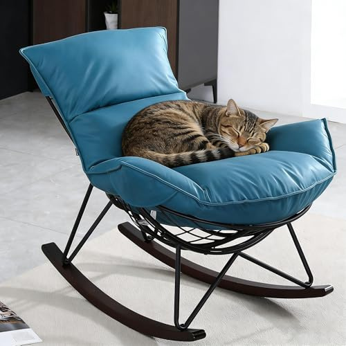 Mingone Schaukelsessel mit Metallrahmen und Dickem Kissen, Blau | Abnehmbares Kissen, bis 150 kg belastbar, Schlaf, Wohnzimmer, Terrasse, Garten