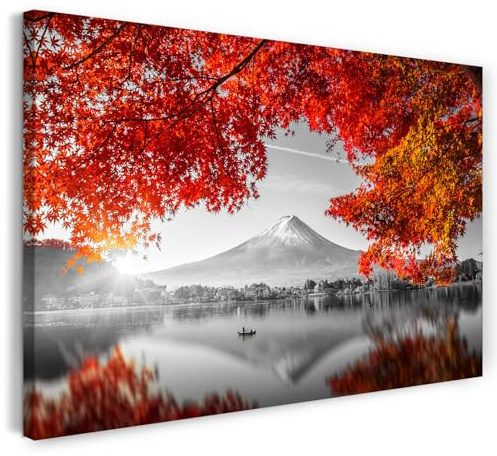 Printistico Leinwandbild (60x40cm) Berg am See, Baum mit roten Ahornblättern - Natur Fotografie, Landschaft, echter Holz-Keilrahmen inkl. Aufhänger, handgefertigt in Deutschland
