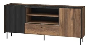 MINIO go for it - Commode 180,2 cm, Commode Salon et Bureau, Commode Rangement avec Tiroir et Portes, Commode de Rangement Pereto 16 - Noyer Warmia/San Sebastian/Noir Mat Couleur