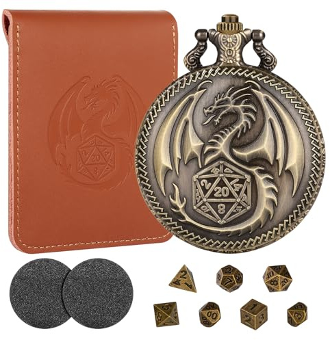 Mini DND Würfel Set mit Steampunk Drachen Muster Taschenuhrgehäuse, 7-Teilig Polyedrisches Metall D&D Würfel Set, DND Geschenke mit Lederbeutel, RPG, MTG, Rollenspiel-Brettspiel Zubehör Würfel, Bronze