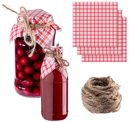 KADAX 10er Set Schmuckdeckchen für Einmachgläser Rotes Karomuster – Marmeladendeckchen aus Papier mit Jutekordel | Dekorativ & Geschenkfertig