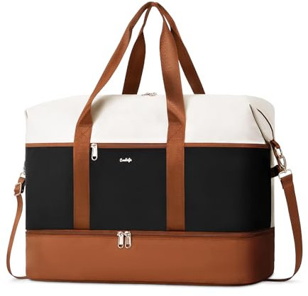 COOLIFE Reisetasche, Weekender Bag Groß 50×25×34cm mit Schuhfach und Separater Nassbeutel Wasserdicht, Handgepäck Tasche für Reise Krankenhaus Gym (Beige/Schwarz/Braun)