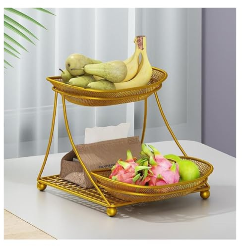 MPMPM Fruit Bowl, Tiered Fruit Basket – 25X23x22cm – Modern Fruit Bowl Large 2 Tier – Fruit Basket Etagere in Metal for Keeping Fruit, Vegetables and Bread Keeps Fruits Fresh,Gold(Gold)