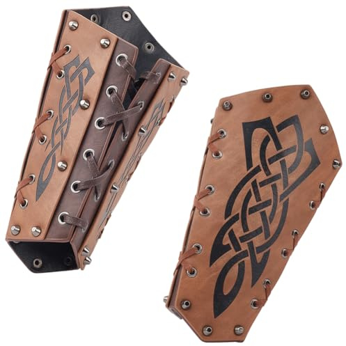 NBEADS Wikinger Leder Armschutz, Mittelalterliche geprägte Wikinger Armschienen Leder Armstulpen Retro Renaissance Armschienen Leder Armstulpen Armband für Halloween Kostüm Zubehör, Braune